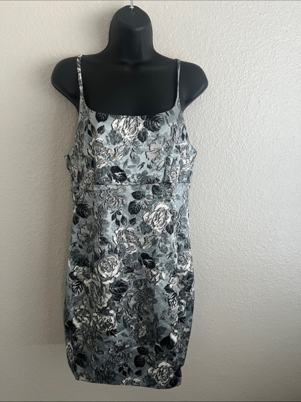 NWT Floral Satin Slip Dress in Silver/Grey and Black Medium